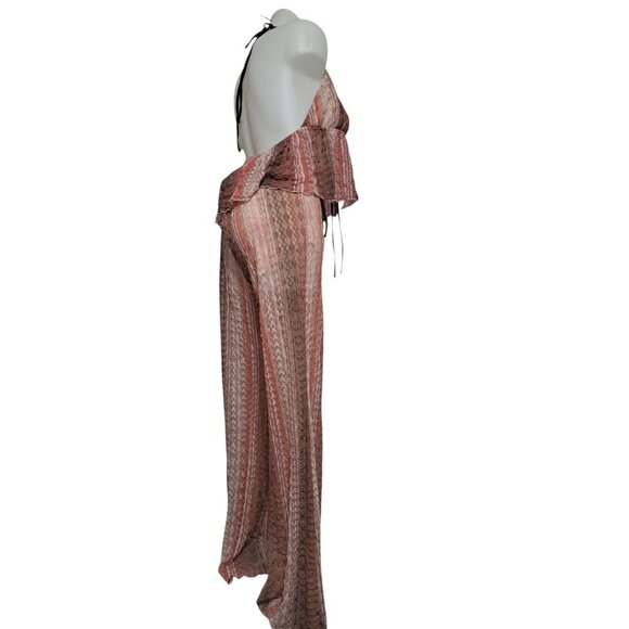 Forever 21 Womens Lace Sheer Halter Jumpsuit Pink Brown Boho Festival Lounge L - Picture 5 of 8